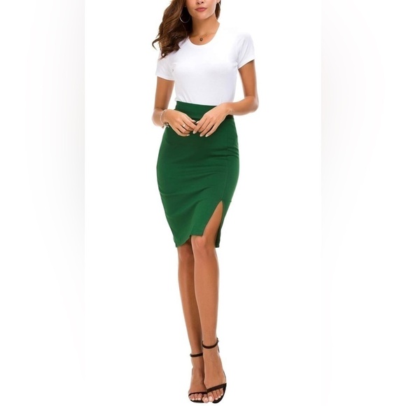 Women's Knee Length Stretch Green Skirt High Waisted  Midi Straight Skirt, L - Picture 4 of 9